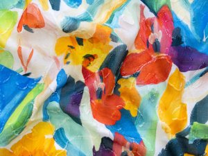 Italienische Webware Jacquard mit Digitaldruck - Abstrakte bunte Blumen - weiß