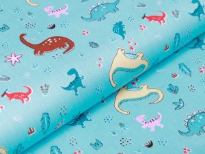 Twill Baumwolle - kleine und große Dinos - aqua