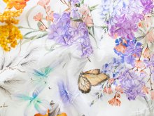 Italienische Webware Jacquard mit Digitaldruck - Blumen und Schmetterlinge  - weiß