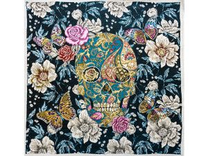 Jacquard Gobelin Dekostoff PANEL ca. 48 cm x 48 cm - Totenkopf und Schmetterlinge - schwarz